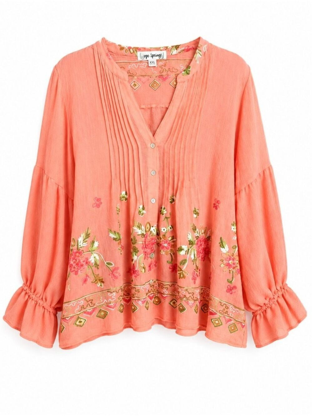 1087 -Hope Springs Coral Floral Embroidered Blouse Rayon Boho Vintage -NEW - Med